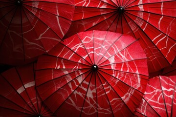 Close-up of vibrant red umbrellas with intricate white patterns creating a striking and colorful visual impact