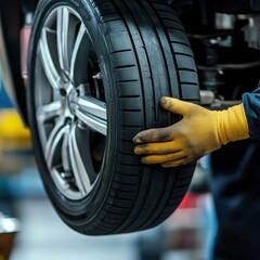Close-up of a mechanic's hands balancing a new tire in a workshop setting highlighting precision and automotive expertise