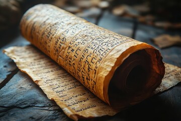 ancient hebrew scroll on weathered parchment unfurled to reveal intricate calligraphy soft warm lighting highlights the textured surface and faded ink ethereal atmosphere with hints of dust motes