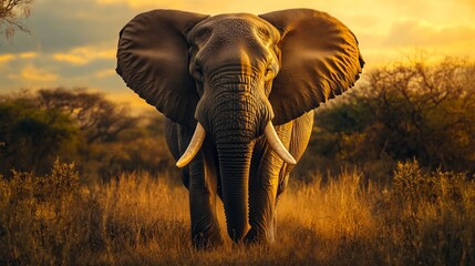 Obraz premium An elephant walking through tall grass in the sunset