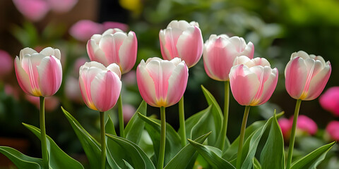 Obraz premium A Cluster of Pink and White Tulips Blooming in a Garden Setting