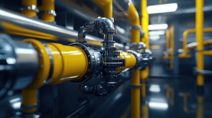 Naklejka premium Close-up of industrial piping with shiny metallic joints and bright yellow pipes in a modern facility.