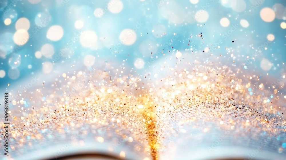 Poster the book stands open, surrounded by twinkling sparks that create a mesmerizing atmosphere filled wit