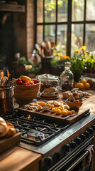 Rustic Kitchen Countertop with Fresh Produce, Baked Goods and a Gas Stove