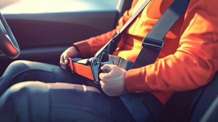 Close-up of a secure seat belt in a modern car interior with sunlight highlighting safety and responsibility on a road trip or daily commute