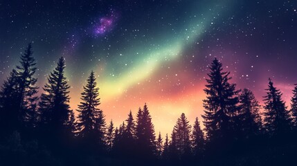 A breathtaking view of the aurora borealis dances across the night sky, illuminating a star-filled expanse above a silhouette of towering trees.