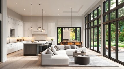Fototapeta premium Chic contemporary living room and kitchen area with large windows, featuring neutral tones and modern fixtures.
