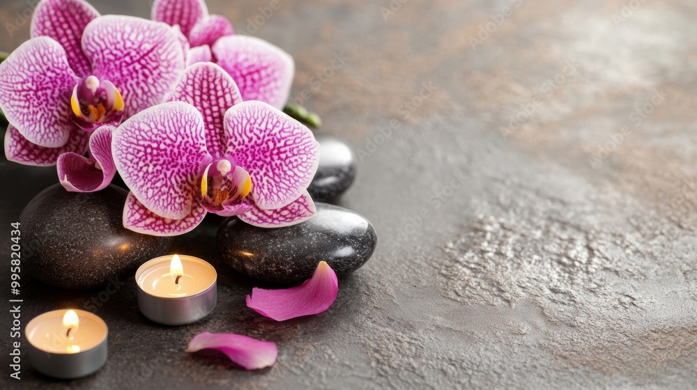 Poster orchids and candles are arranged elegantly with zen stones, creating a calming atmosphere perfect fo