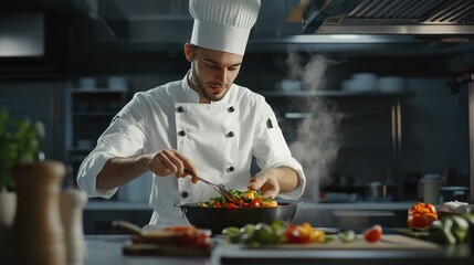 A focused male chef, with light skin, prepares a fresh vegetable dish, showcasing culinary expertise in a modern kitchen setting.