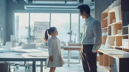 Obraz premium Child and adult engaged in a thoughtful conversation in a modern architectural office filled with model structures