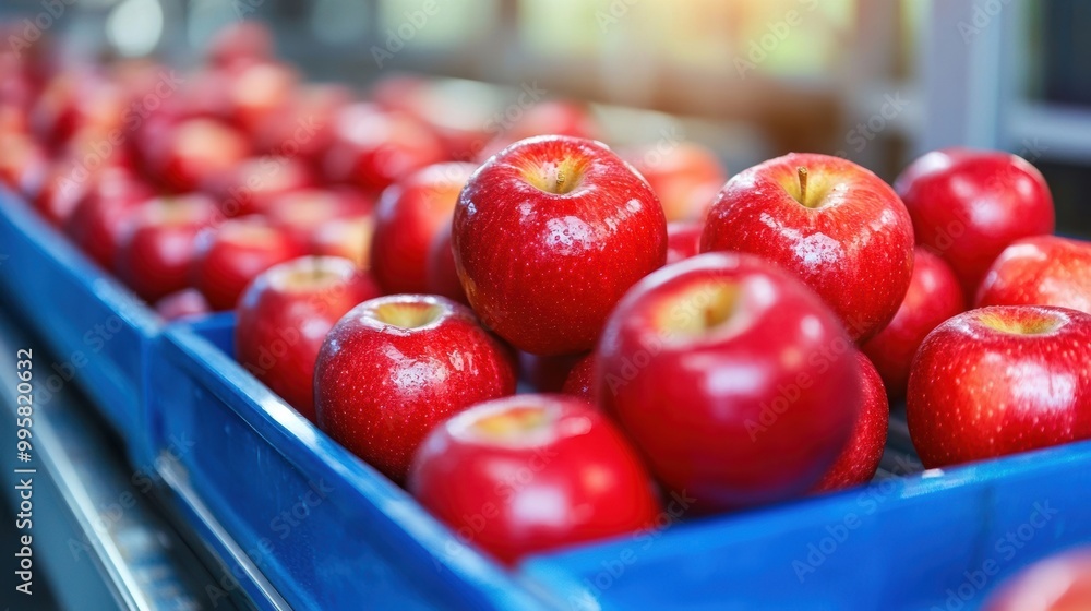 Poster fresh red apples are being efficiently sorted on a conveyor system in a packing facility for quality
