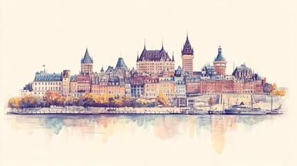Obraz premium Quebec City, Canada, color pen pencil hand-drawn effect drawing illustration for travel poster, card, wallpaper, backdrop or banner. Modern, clear, artistic and simple
