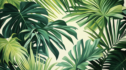 A lush collection of tropical palm leaves. These leaves are vibrant green, displaying a variety of frond shapes and sizes. They are positioned against a light-colored background, casting subtle shadow