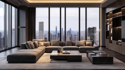 Fototapeta premium A modern living room with a plush gray sectional sofa and stunning city skyline views.