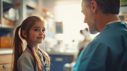 Obraz premium Young girl in a doctor's coat smiling at her dog in a sunlit room showcasing companionship and warmth