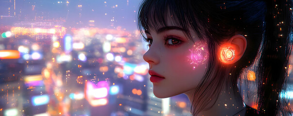 Digital Art Illustration of a Young Woman with Glowing Implants Looking Out Over a Futuristic Cityscape