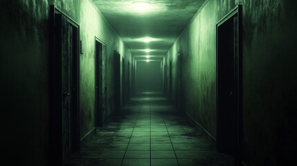 A dimly lit, atmospheric corridor. The walls are adorned with a worn-out texture, and the floor is tiled. There are multiple open doors on either side of the corridor, leading to rooms