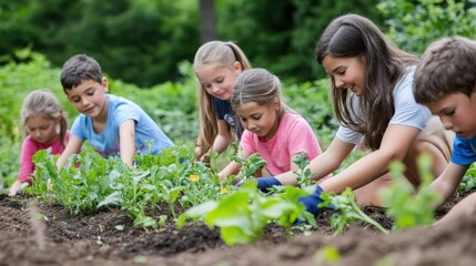 Children working together in a sunny garden, exploring nature and teamwork in a lush outdoor setting