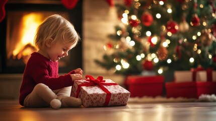Joyful child opening a Christmas gift by the fireplace with a beautifully decorated tree in the background on a festive holiday evening