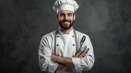 Smiling male chef in a white uniform and hat, standing confidently with arms crossed against a dark textured background.