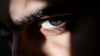 Eye of a man from dark, using high contrast of light and shadow.