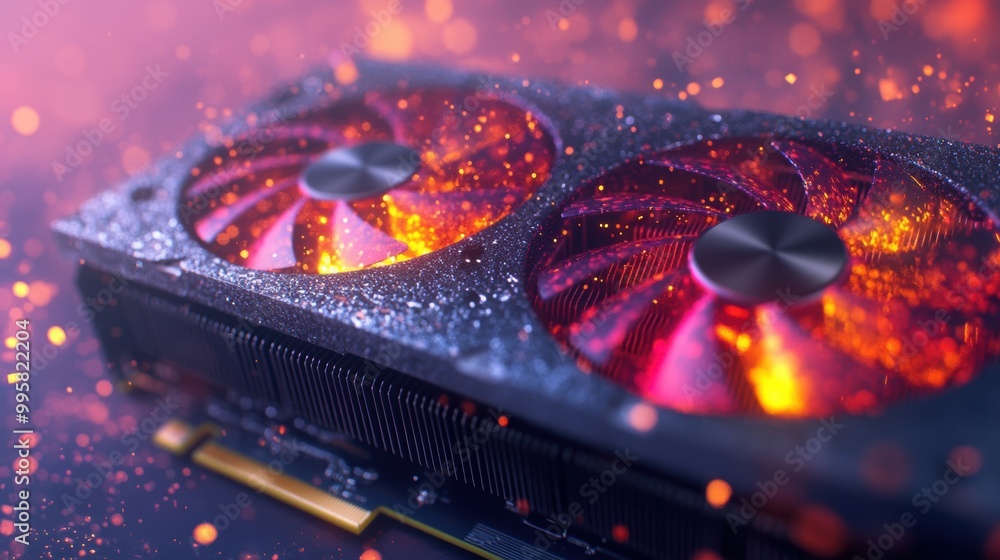 Poster this powerful graphics card is highlighted with vibrant colors, featuring dynamic particle effects t