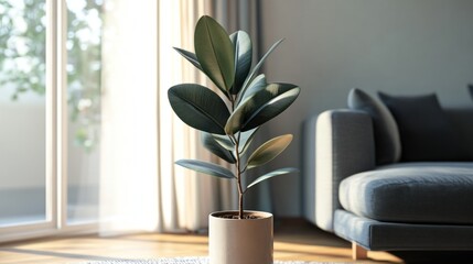 A stylish indoor plant in a modern pot, enhancing the cozy atmosphere of a living room.