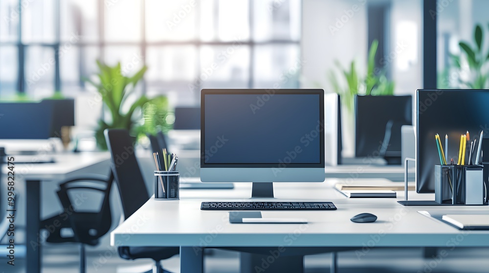 Poster a computer monitor and keyboard on a white desk in a modern office