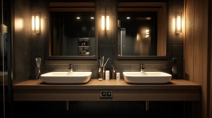 Stylish modern bathroom with dual sinks, sleek design elements, and soft ambient lighting.
