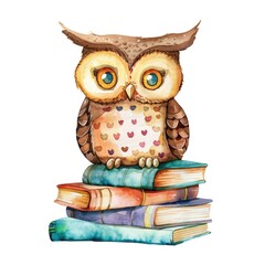 Cute Watercolor Owl on Stack of Vintage Books
