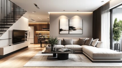 Modern elegant living room featuring a light sofa and stylish decor in a contemporary home.