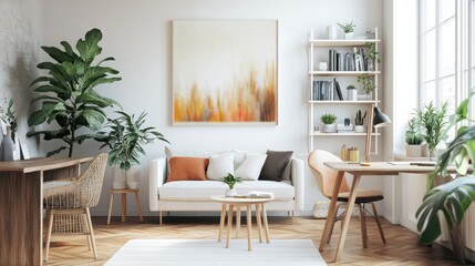 Obraz premium Stylish modern living room featuring a cozy sofa and vibrant artwork, designed for a warm and inviting atmosphere.