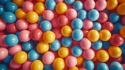 A vibrant collection of colorful plastic balls in blue, pink, and yellow, creating a playful and cheerful mood.