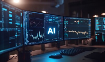 Naklejka premium AI data analysis on multiple monitors.