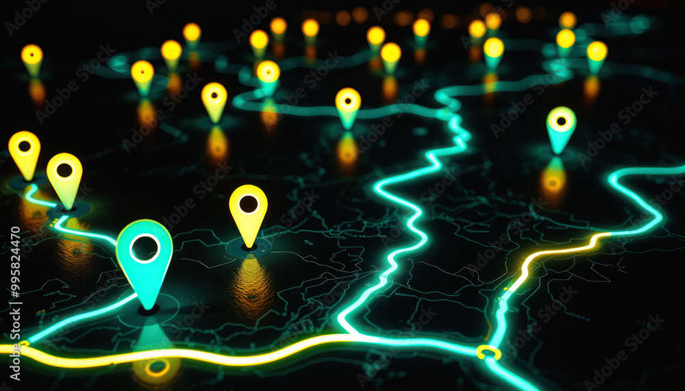 Fototapete glowing neon map with pins on dark background. modern illuminated navigation. futuristic technology 