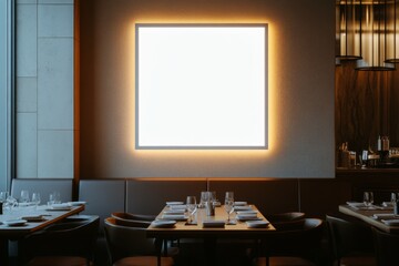 square blank white frame mockup with LED light on wall in elegant restaurant
