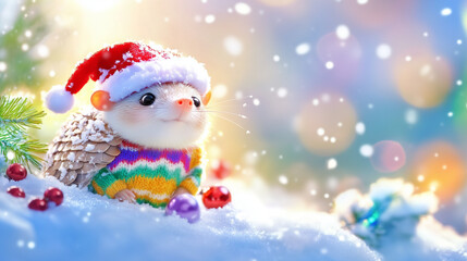 Fototapeta premium Armadillo in Santa Hat and Christmas Sweater, playful armadillo enjoying winter snow, exuding holiday cheer, vibrant colors against a clear winter backdrop, joyful festive atmosphere