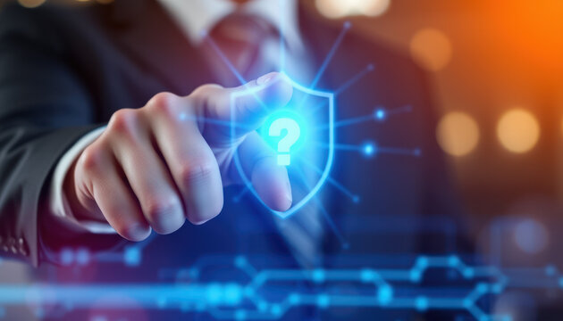 Businessman pressing question mark button touch screen interface. Faq concept. Information technology. Data security communication. Network access icon. Computer system innovation. hacking problem.