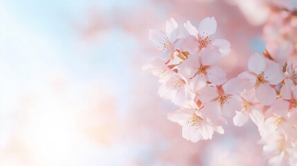Fototapeta premium Cherry blossom trees in soft focus, pastel pink flowers with warm spring sunlight, serene and seasonal.
