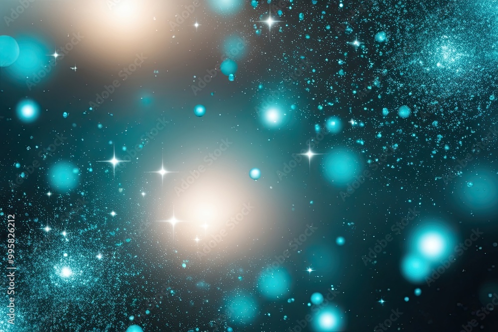 Poster glossy cyan particles dance in a captivating abstract panorama with shimmering stars and flickering 