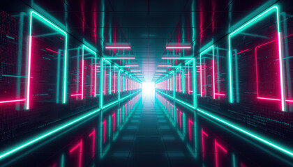 Futuristic corridor with glowing neon lights. Cyber hallway illuminated bright laser light. Digital space technology background. Abstract architecture. Empty modern tunnel with reflection. Science.