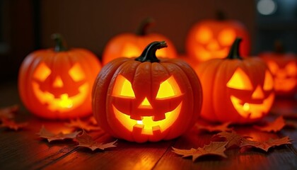 Festive Halloween pumpkins with autumn leaves on a wooden table