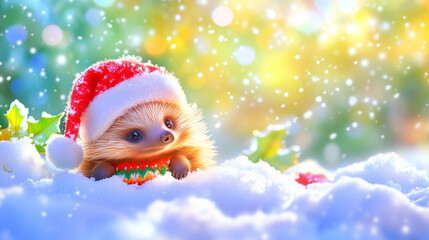 Echidna in Santa Hat, playful echidna enjoying snowy surroundings, wearing a festive Christmas sweater, embodying winter joy and holiday spirit against a serene backdrop