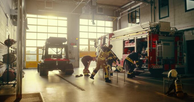 Action in Fire Department as Firefighters, Including a Female Colleague, Run to the Garage. They Put On Their Protective Gear and Jump Into the Fire Truck, Racing to an Emergency Scene