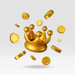 3D dollar coins around gold crown isolated. Render golden crown and floating money. Symbol of VIP, rich, winner luxury premium success. Growth, income, savings investment, wealth. Vector illustration.