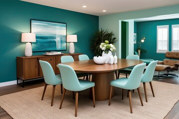 Contemporary Living Space with Teal Walls Featuring Seafoam Chairs Oval Oak Dining Table and Lounge Chair