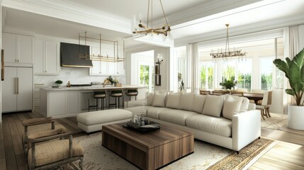 Modern Living Room with White Sofa and Kitchen Counter in Background