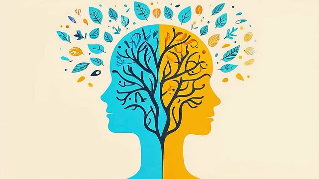 two heads , one blue and one yellow, with  a tree  growing from the top of the yellow head.