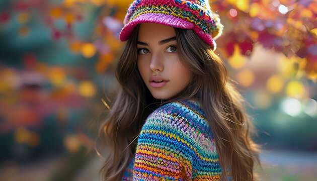 Chica con gorro paseando por un parque en oto&ntilde;o. Mujer joven y guapa con un jersey de punto. Chica con jersey de lana de colores y un gorro de invierno a juego. Ni&ntilde;a mirando a c&aacute;mara.