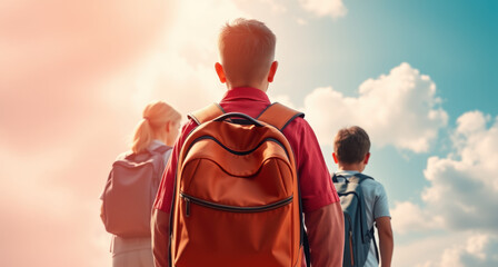 schoolboy with backpack on sky background. Young student journey of education, adventure, and freedom, standing confident outdoors with cheerful smile.